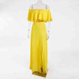 Summer Women Outfits Yellow Sexy 2pcs Set Floor Length Maxi Skirt Split Side Off The Shoulder Backless Crop Tops Ruffled Top