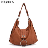 CEZIRA Fashion Vegan Leather Large Hobo Bag Women Washed PU Shoulder Bag Metal Ring Flap Ladies Brand Design Tote Female Handbag