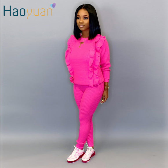 HAOYUAN Knitted Two Piece Set Tracksuit Women Long Sleeve Ruffle Top and Pant Fall Winter Clothing 2 Piece Outfits Matching Sets