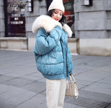 Fitaylor White Duck Down Parkas Winter Jacket Women Large Natural Fur Collar Bright Side Coat Female Loose Snow Outwear