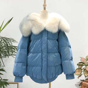 Fitaylor White Duck Down Parkas Winter Jacket Women Large Natural Fur Collar Bright Side Coat Female Loose Snow Outwear