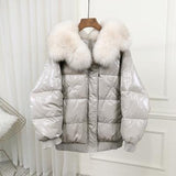 Fitaylor White Duck Down Parkas Winter Jacket Women Large Natural Fur Collar Bright Side Coat Female Loose Snow Outwear