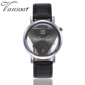 Vansvar New Arrival Fashion Women Silver Triangle Watch Casual Transparent Hollow Leather Quartz Watches Relogio Feminino 933