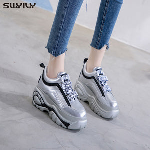 SWYIVY Black Sneakers Women 2019 Spring Female Casual Shoes Platform Shoes Wedge High Heel Chunky Sneakers Platform For Woman