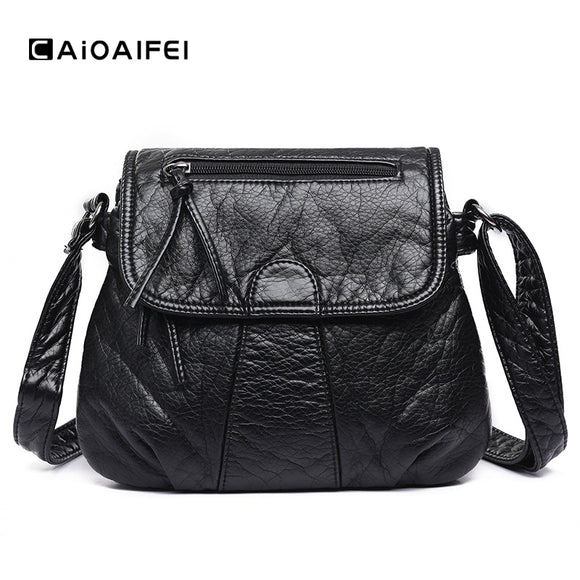 CAIOAIFEI vintage soft washed PU leather crossbody bags for women Double pocket women shoulder bags hotsale high quality handbag