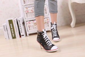 Women Canvas Shoes Denim High Heels Rivets Shoes Fashion Shoe Laces Sneakers Women Short Boots