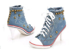 Women Canvas Shoes Denim High Heels Rivets Shoes Fashion Shoe Laces Sneakers Women Short Boots