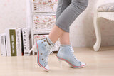 Women Canvas Shoes Denim High Heels Rivets Shoes Fashion Shoe Laces Sneakers Women Short Boots