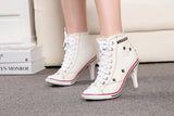 Women Canvas Shoes Denim High Heels Rivets Shoes Fashion Shoe Laces Sneakers Women Short Boots