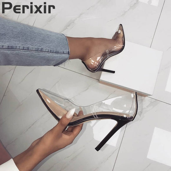 Perixir Hot Summer Shoes Clear PVC Sandals Perspex Heel Stilettos High Heels Point Toes Womens Party Shoes Nightclub Pumps 36-41