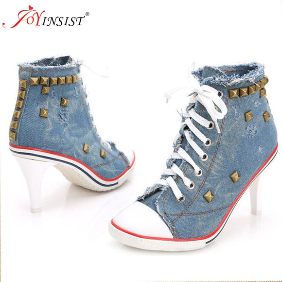 Women Canvas Shoes Denim High Heels Rivets Shoes Fashion Shoe Laces Sneakers Women Short Boots