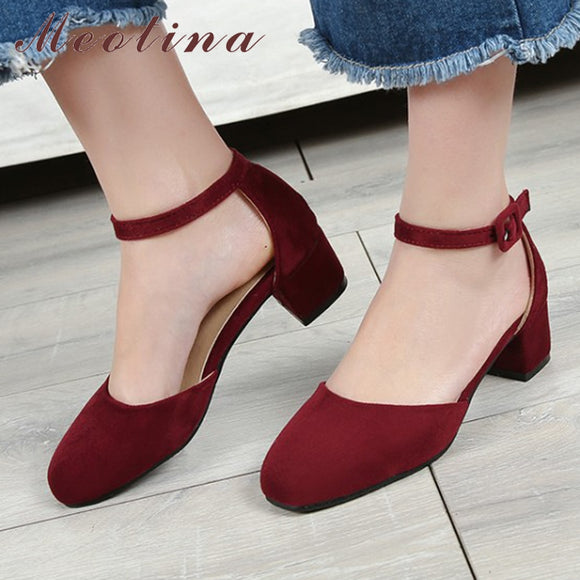 Meotina Women Shoes High Heels Ankle Strap Ladies Pumps 2017 Casual Mid Thick Heels Two Piece Pumps Red Shoes Size 33-42 Sapatos